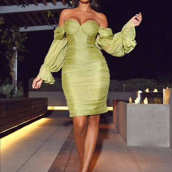 Miss Circle pink Silk Pleated Off Shoulder Balloon Sleeves Dress - Picture 7 of 7